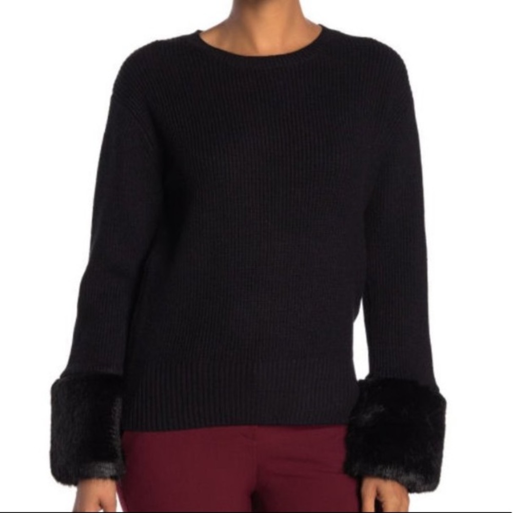Love Token Black Crewneck Sweater with Faux Fur Cuffs